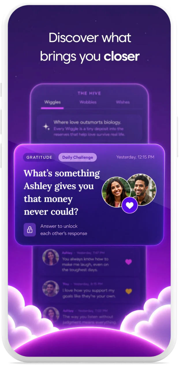 Swooni phone graphic showing a daily gratitude challenge that helps couples feel closer