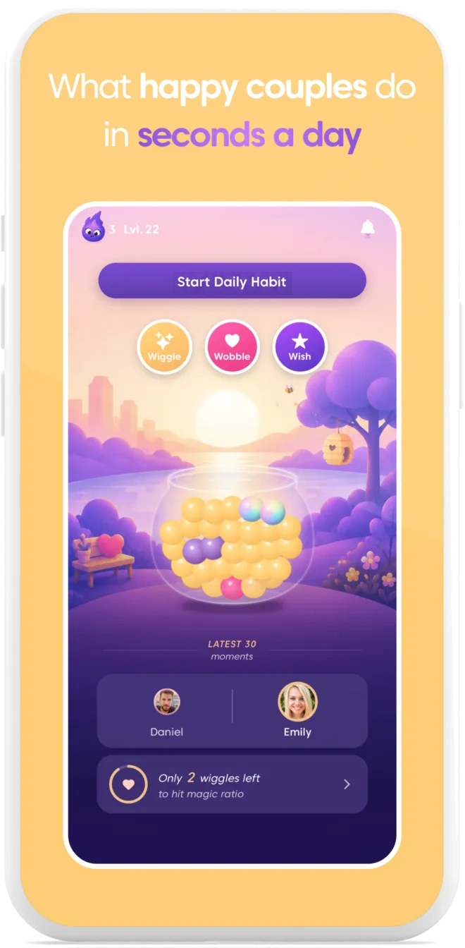 Swooni phone graphic showing a daily relationship habit and a couple's recent positive moments