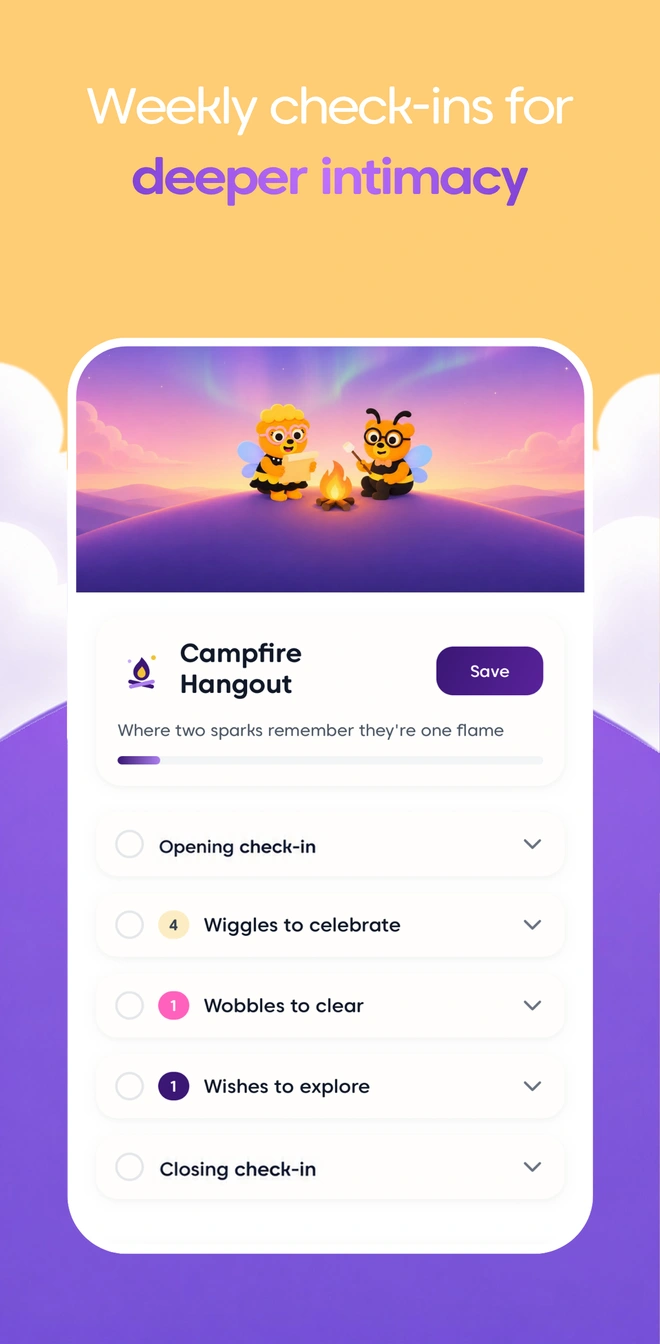 Swooni phone graphic showing a weekly Campfire Hangout relationship check-in